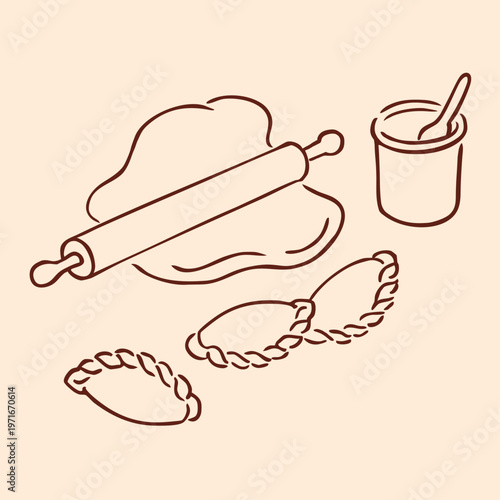 Illustration of making pierogi or dumplings with wheat dough in hand-drawn line art style