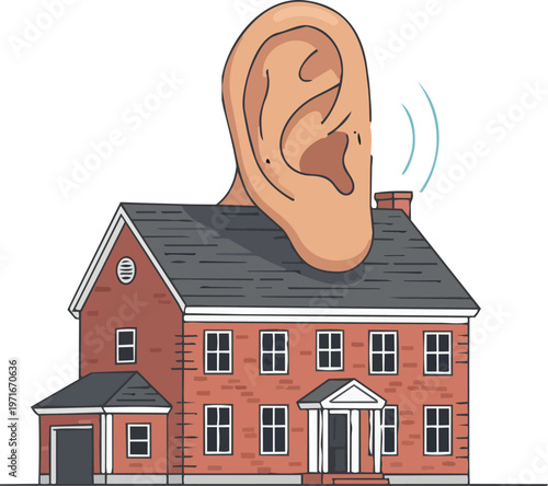 Suburban House with a Giant Human Ear Replacing the Chimney Representing Privacy Surveillance and Secret Gossip in Neighborhood
