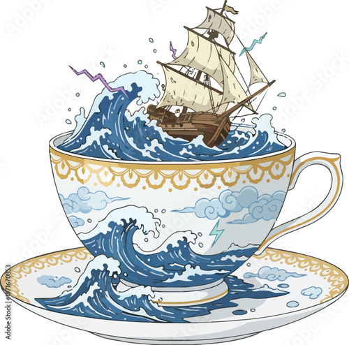 Tiny Wooden Sailing Ship Being Tossed by Stormy Ocean Waves Inside a Delicate Vintage China Teacup with Saucer