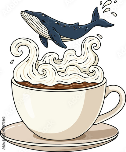 Surreal Conceptual Image of a Tiny Breaching Whale Humpback Splashing and Jumping Out of the Foam in a Fresh Latte Coffee Cup with Milk Art