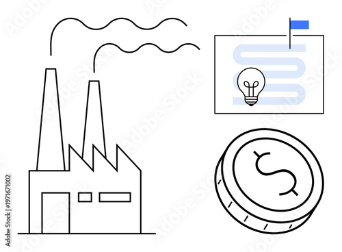 Industry concept. Industry symbols combined with money and strategic planning elements. Industry, innovation, business operations, financial planning, and sustainability use