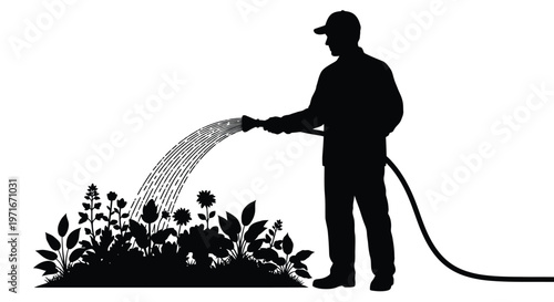 Silhouette vector illustration depicting a man actively watering a flourishing garden with a hose.