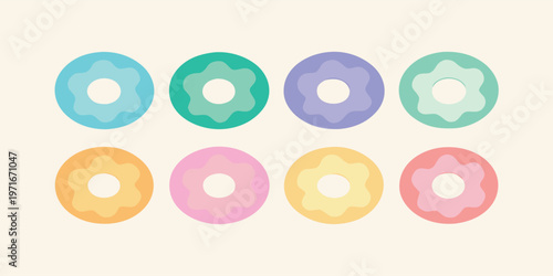 Eight colorful flat design donuts with decorative star like centers are neatly arranged on a light background.