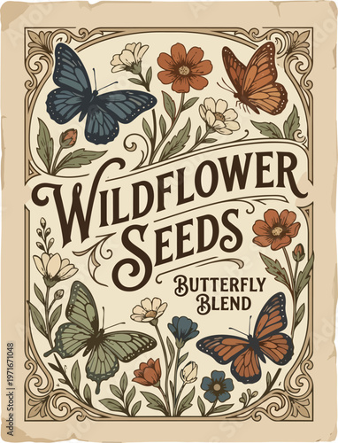 Vintage style gardening seed packet design for wildflower meadow mix featuring a colorful butterfly illustration and traditional typography for horticultural branding and packaging isolated