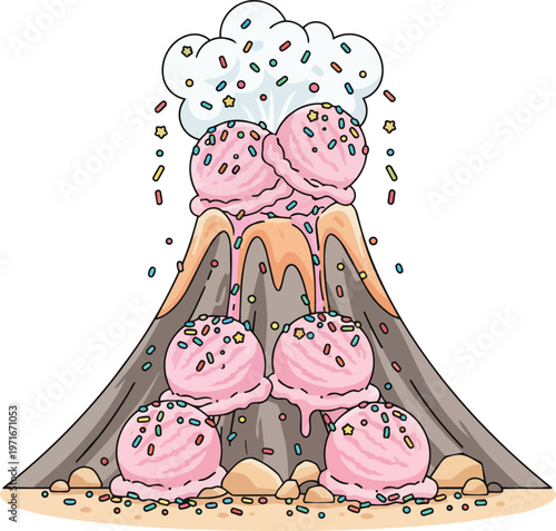 giant volcano erupting with scoops of pink strawberry ice cream and colorful sprinkles instead of lava representing delicious fantasy dessert adventure isolated