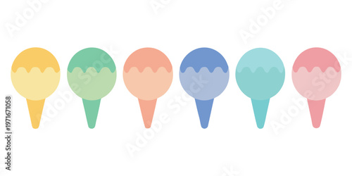 A horizontal row of six adorable flat design ice cream scoops on cones showcases a delightful pastel color palette.