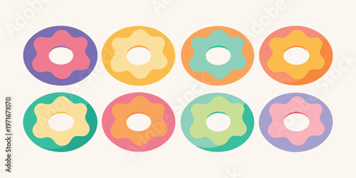 Eight vibrantly colored flat design donuts, each featuring a charming flower like cutout in its center, are displayed.