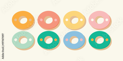 Eight pastel colored flat design donuts, featuring classic round holes, are arranged neatly on a light neutral background.