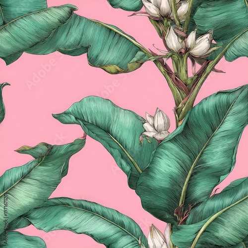 Tropical jungle design blending pastel hues with lush foliage for vibrant interior decor