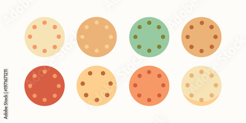 An organized grid of eight charming flat design biscuits or crackers, each adorned with tiny holes.