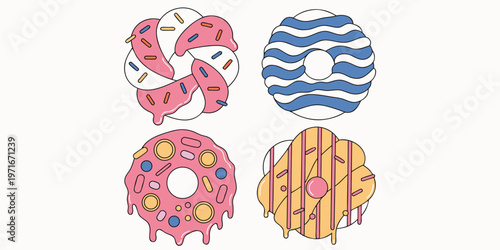 A captivating quartet of intricately decorated flat design donuts boasts unique patterns, drizzles, and colorful toppings.