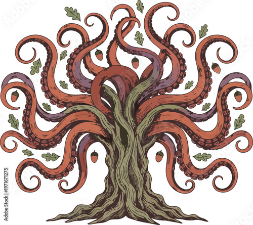 Surreal conceptual art of an ancient oak tree with long octopus tentacles instead of branches representing nature fusion fantasy hybrid and mystery themes isolated