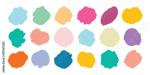 An artistic composition of twenty pastel and vibrant watercolor paint splotches on a pristine white canvas.