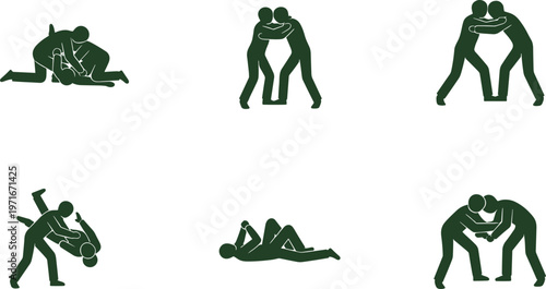 Grappling silhouettes, wrestling positions, martial arts training, clinch holds, takedown techniques, ground fighting, combat sport illustration, athletic movement, vector design