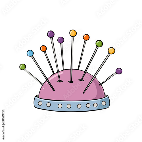 Colorful sewing pins gathered in a round plush pincushion with a decorative border