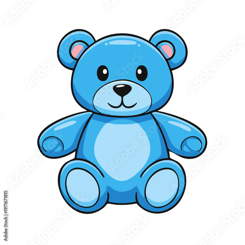Cute cartoon blue teddy bear sitting cheerfully with a friendly expression