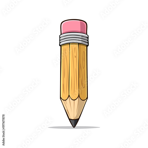Yellow wooden pencil with pink eraser and sharpened tip for writing and drawing illustration