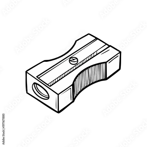 Simple Line Drawing of a Classic Manual Pencil Sharpener Facing Left with a Screw Detail