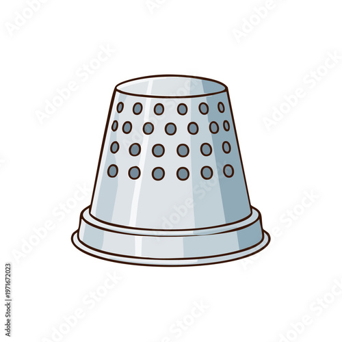 Illustration of a shiny silver thimble with circular perforations on white