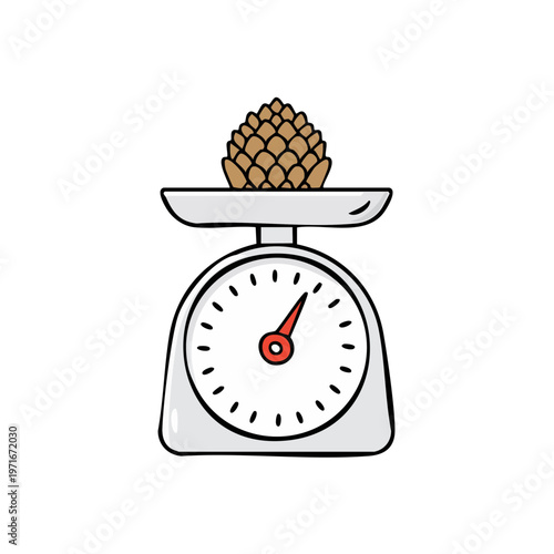 Illustration of a pinecone resting on a vintage kitchen scale