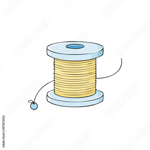 Hand-drawn illustration of a spool of light yellow thread with a needle attached to a loose end