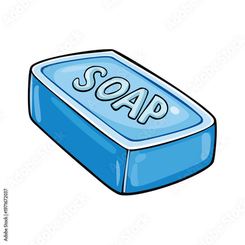 Simple illustration of a bar of blue soap with the word SOAP embossed on its surface
