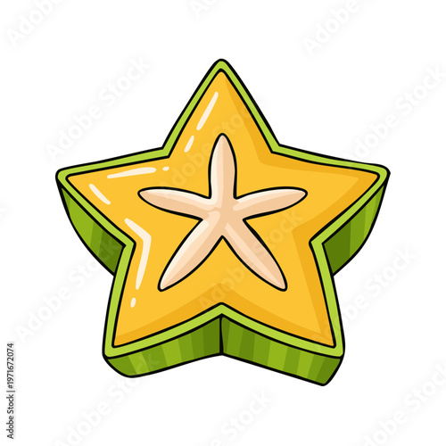 Illustration of a star fruit slice with vibrant yellow flesh and green rind, revealing its star shape.