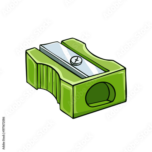 Green manual pencil sharpener with metal blade and illustration detail