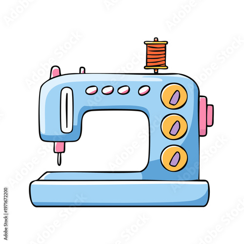 Light blue cartoon sewing machine with orange thread spool and pink accents