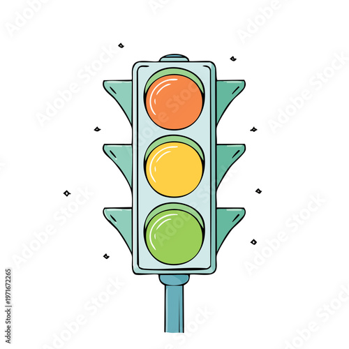 Illustration of a functional traffic signal with red yellow and green lights illuminated