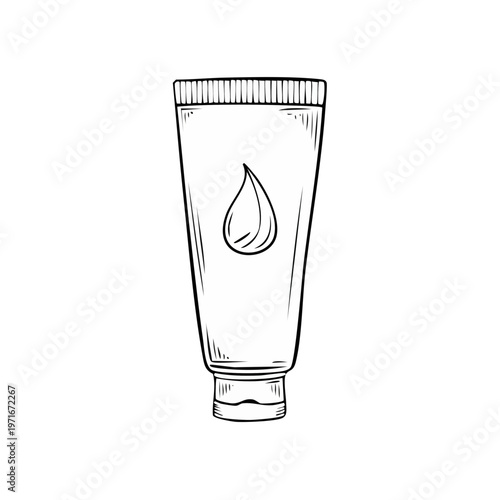 Hand drawn cosmetic tube with a drop of liquid on a white background line art illustration