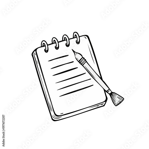 Hand-drawn illustration of an open spiral notebook with a quill pen resting on a page