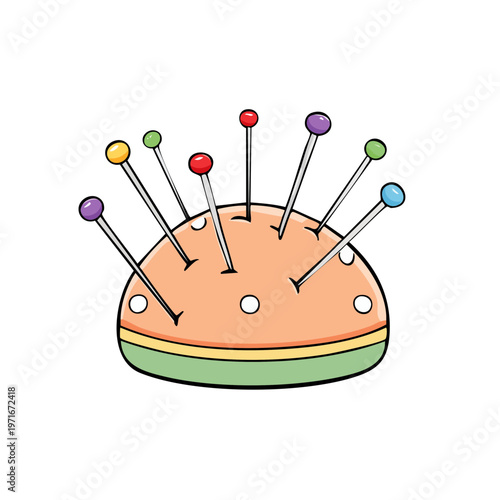 Cartoon pincushion with colorful sewing pins and needles