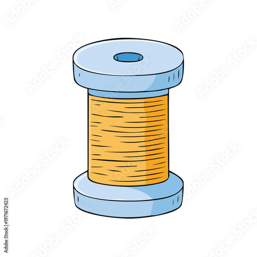 Cartoon illustration of a light blue spool of golden yellow thread for sewing