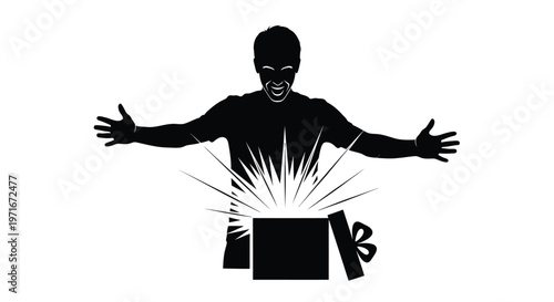 Excited person silhouette reveals a magical surprise bursting from an open gift box vector illustration