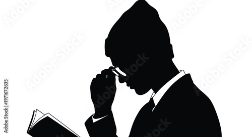 Detailed silhouette vector graphic of a studious person wearing a beanie while reading an open book