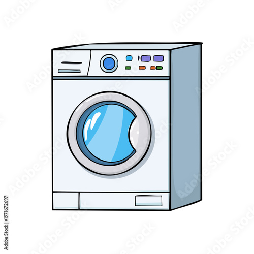 Modern automatic front loading washing machine with digital display and round door illustration