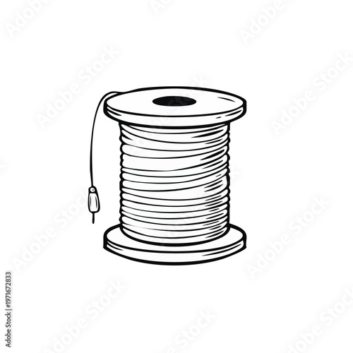 Coiled wire spool with connector illustration in black and white doodle style