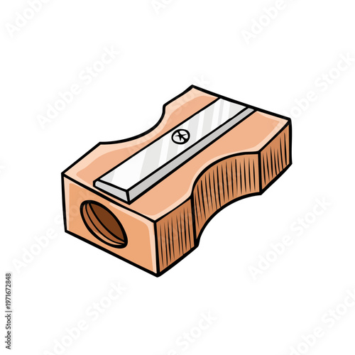 Hand drawn illustration of a classic wooden pencil sharpener with metal blade