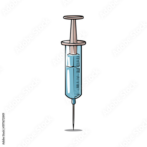 Hand drawn illustration of a medical syringe filled with blue liquid and a sharp needle