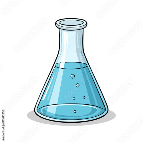 Laboratory flask filled with clear blue liquid and tiny bubbles for scientific experiments