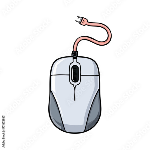 Retro computer mouse with coiled cord and USB connector, illustration