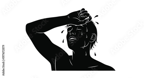 Exhausted person wiping sweat from their forehead in a minimalist black and white vector graphic illustration