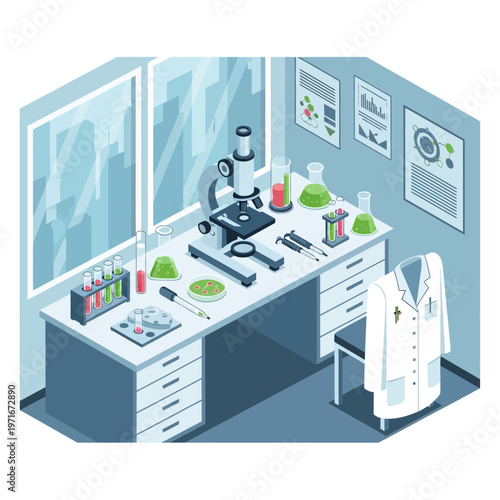 Laboratory Equipment and Microscope on Workbench.