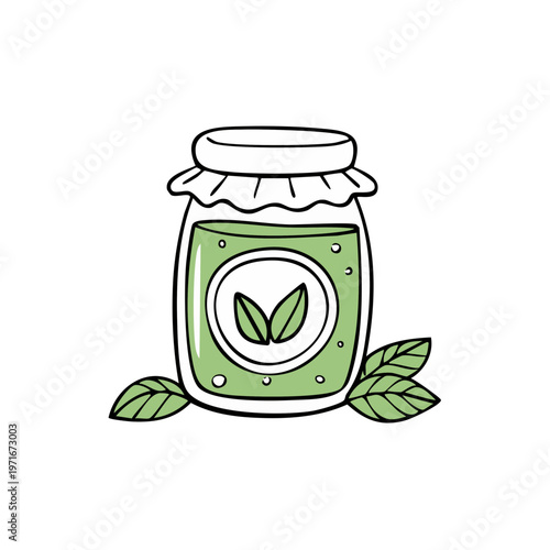 Hand Drawn Illustration of a Jar of Green Liquid with Leaf Symbol and Leaves