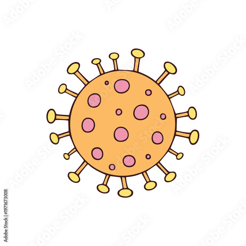 Cartoon illustration of a spherical virus with spikes and pink dots representing a pathogen.