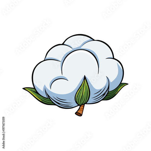 Stylized cartoon illustration of a fluffy white cotton boll surrounded by green leaves