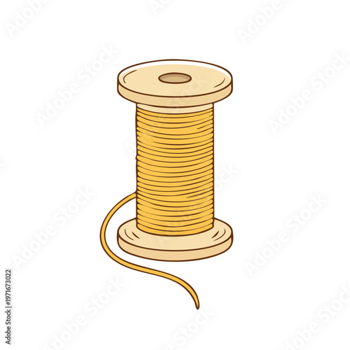 A wooden spool filled with golden thread, with a loose strand trailing off