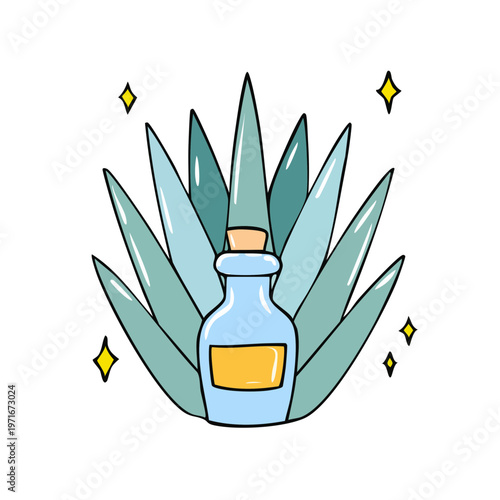 Hand drawn illustration of a blue glass bottle with cork stopper and yellow label in front of a large agave plant with sparkling stars