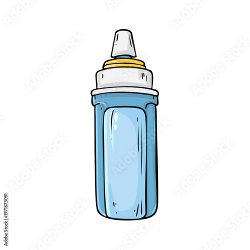 Hand drawn illustration of a blue baby bottle with a white nipple and yellow ring suitable for infants